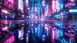 Portrait of night city neon with light reflections from puddles on the street. 3D Rendering