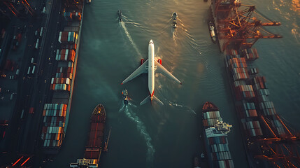 Wall Mural - Aerial view and top view cargo plane flying above ship port in the export and import business and logistics international goods, Shipping cargo to harbor by crane