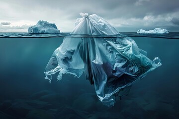 iceberg and submerged plastic bag ocean pollution concept environmental photography