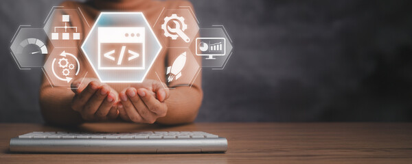 Wall Mural - software development concept, businesswoman hands holding test, plant, deploy, build, release and mo