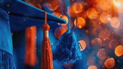 Minimalist and blurred background of blue graduation caps with tassels in foreground, closeup on the cap with bokeh effect, orange indigo color palette, blurred light effects and boke