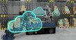 Image of digital clouds and data processing over warehouse