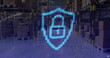 Image of shield with padlock and data processing over warehouse