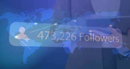 Poster - Image of profile icon with increasing followers over world map against woman using a tablet