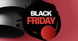 Image of black friday text with red tag over rolled up black paper on red background