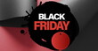 Image of black friday text with red tag over rolled up black paper on red background
