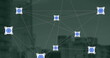 Image of network of digital icons against aerial view of tall buildings