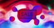 Image of sale text in black over red and blue globule on pink and blue liquid background