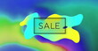 Image of sale text in black over yellow and blue globule over green and blue smoke
