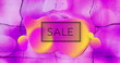 Image of sale text in black over yellow globule on purple liquid background