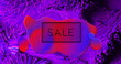 Image of sale text in black over red and blue globule on purple viscous background