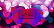 Image of sale text over blue and red globule and pink and white lights on black background