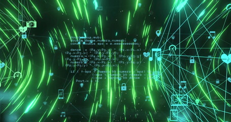 Wall Mural - image of circular pattern and connected icons forming globes with computer language