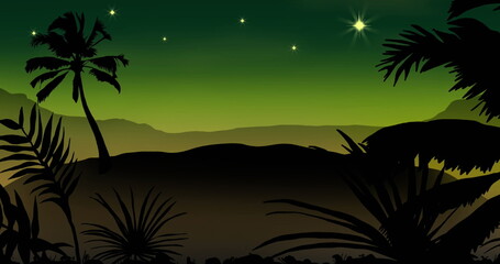 Wall Mural - image of palm trees and plants, silhouetting against starry sky