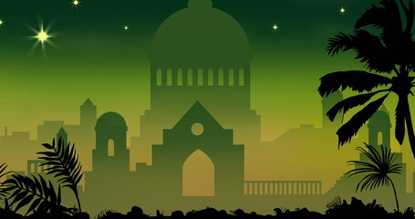 Wall Mural - image of silhouetted buildings and palm trees standing against green background