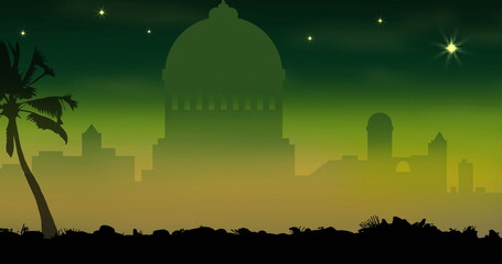 Wall Mural - image of silhouetted cityscape showcasing dome structures and palm trees