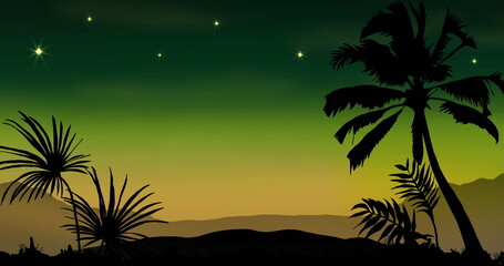 Wall Mural - image of palm trees and plants, silhouetting against vibrant sunset