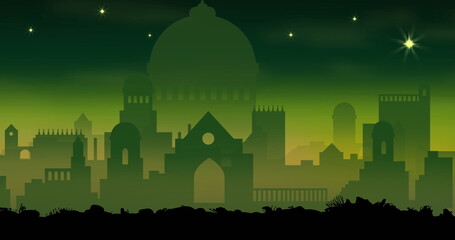 Wall Mural - image of silhouettes of various buildings under starry sky are dominating