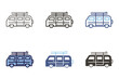 Summer van truck caravan with surfboard icon. Camper retro vacations vehicle with surf board vector graphic elements