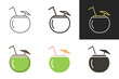 Coconut tropical drink with umbrella and straw icon. Fruit cocktail water juice vector graphic elements