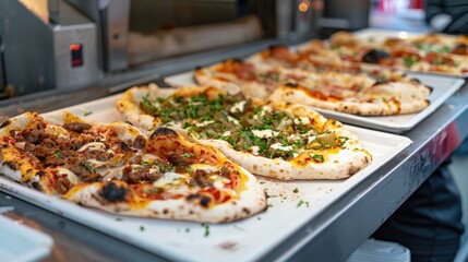 Photograph of three delicious flatbread pizzas on white plates inside an oven in the street food truck, daylight, high resolution photography. The pizzas are