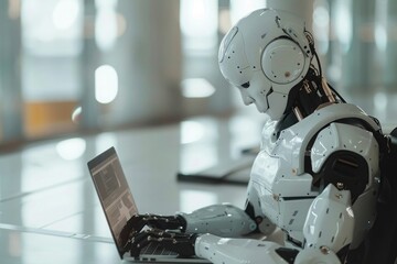 Wall Mural - Photo of an AI robot writing on a laptop in an office, with a white and silver color scheme, soft lighting, and a closeup shot. The background has a futuristic style.