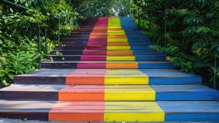 Colorful outdoor staircase with steps painted in rainbow colors, surrounded by green foliage