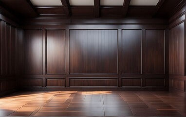 Wall Mural - empty room with dark wood paneling and window, Luxury wood paneling background or texture. highly crafted classic or traditional wood paneling, with a frame pattern	