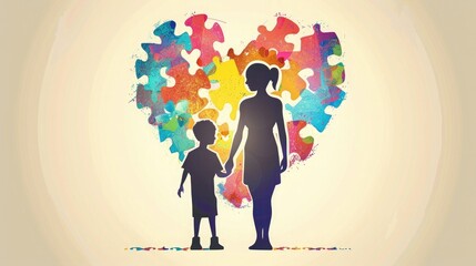 Canvas Print - vector illustration of silhouette mother and son holding hands, they stand in front of colorful puzzle 