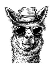 Wall Mural - llama sunglasses engraving black and white outline