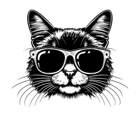 cat sunglasses engraving black and white outline