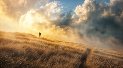 Wall Mural - Man standing on top of a hill in the rays of the rising sun