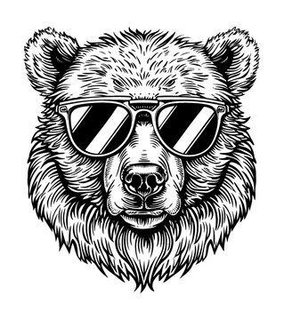 bear sunglasses engraving black and white outline