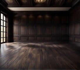 empty room with dark wood paneling and window, Luxury wood paneling background or texture. highly crafted classic or traditional wood paneling, with a frame pattern	