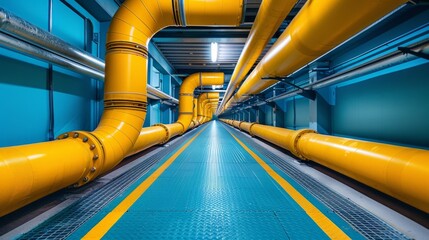 Wall Mural - Inside the industrial facility, the intricate network of yellow and blue pipelines weaves a tapestry of efficiency and innovation.