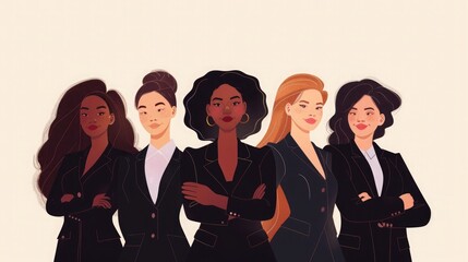 Wall Mural - Happy International Women's day illustration, group of happy diverse women in suits of different races