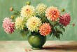 Pink, yellow Dahlia flowers in the vase still life  oil painting