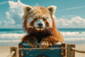 Wall Mural - A red panda is laying on top of a blue suitcase