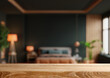 Empty wooden table,Orange bed and mockup dark green wall in bedroom interior- 3D rendering.