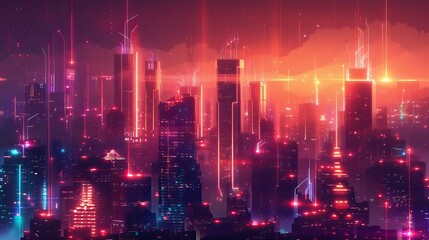 Wall Mural - Digital futuristic city skyline with glowing data lines
