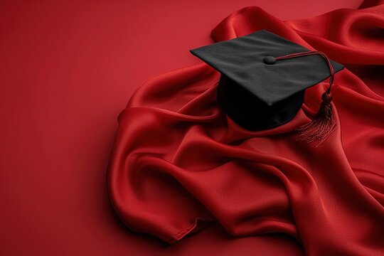 A black graduation cap is on a red background