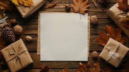 a blank white paper mockup sits in the center of a brown wooden table surrounded by autumn leaves, a