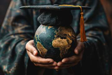 A person is holding a globe with a graduation cap on top