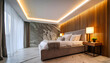 Bedroom room, marble wall, chic.interior of a luxurious country house with a modern design wood wall and led light, cool furniture thanks you