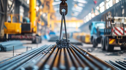 A crane is lifting steel bars from the warehouse and filling them into rolls of iron profile on tracks in front, blurred background of construction site with cranes and trucks, steel bar warehouse int