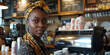 © dreamalittledream - Female cafe barista worker, brown skin and headband, African American, hair, beautiful woman, coffee maker, service industry, customer service, restaurant bespoke authentic.