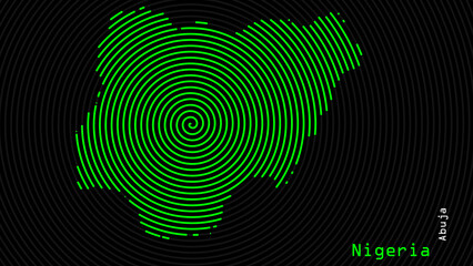 Wall Mural - A map of Nigeria, with a dark background and the country's outline in the shape of a colored spiral, centered around the capital. A simple sketch of the country.