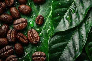 Wall Mural - Coffee beans on green leaf