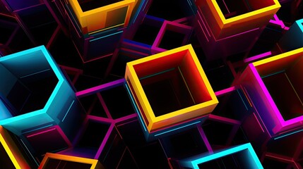 Wall Mural - Interlocking polygons in vibrant neon colors against a black backdrop