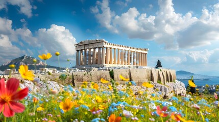 The ancient ruins of the Parthenon atop the Acropolis in Athens, Greece, framed by vibrant springtime flowers and the distant blue sea